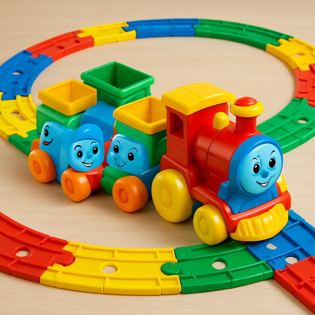 Colorful toy train with tracks and smiling faces