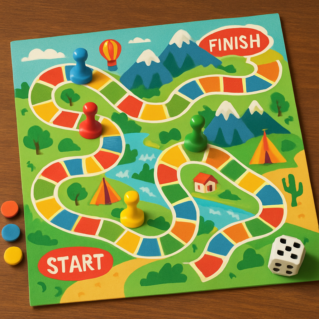 Juego de mesa de aventura con piezas coloridas