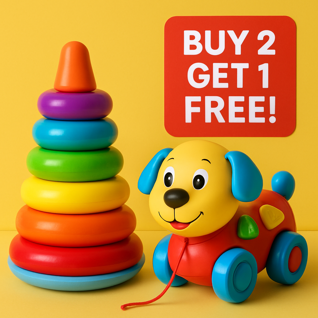 Two toys with a 'Buy 2 Get 1 Free' sign